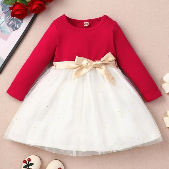 YEEDISON Baby Dress Children's Dress Autumn and Winter Girls Dress Cotton Princess Style Bowknot Mesh Girls Dress for 18M-3Y