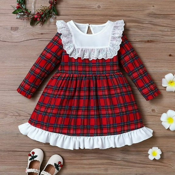 YEEDISON Baby Dress Children's Dress Spring Fall Clothes for Kids Fashion Plaid Lace Ruffles Long Sleeve Christmas Party Girls Dresses School Children Girl Clothing 18M-6Y
