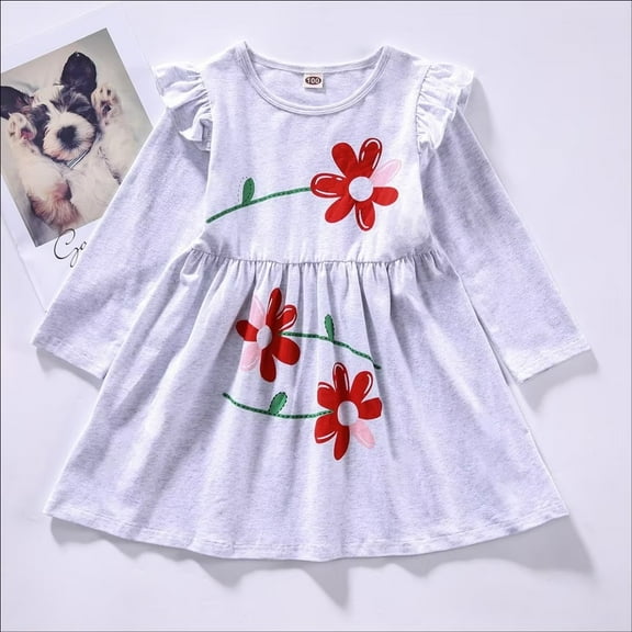 YEEDISON Baby Girl Clothing Flower Print Long Flying Sleeve Casual Girl Dress School Baby Girl Dresses Fall Kids Clothes for 18M-6Y