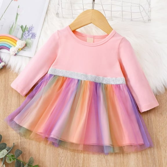 YEEDISON Children's Dress Autumn and Winter Dress Cotton Rainbow Mesh Dress Princess Style Girl's Dress for 0-3M