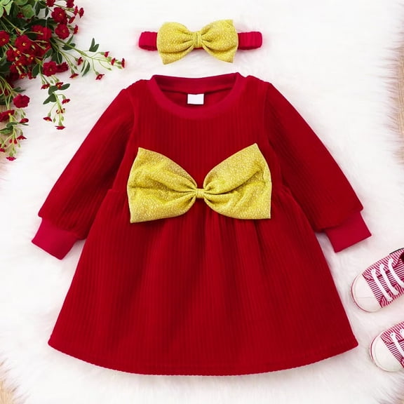 YEEDISON Children's Dress Autumn and Winter Girls' Dress Cotton Long Sleeve Bowknot Dress for 3M-3Y