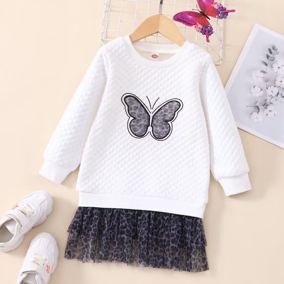 YEEDISON Children's Dress Autumn and Winter Girls' Dress Cotton Long Sleeve Butterfly Embroidery Leopard Mesh Dress for 18M-6Y
