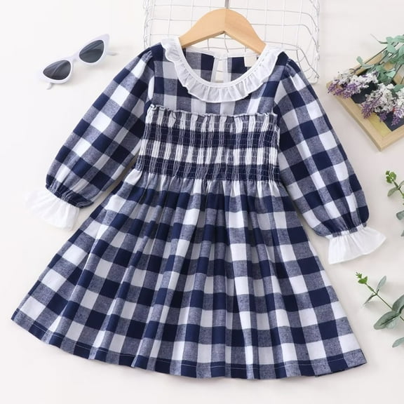 YEEDISON Children's Dress Autumn and Winter Girls' Dress Cotton Long Sleeve Ruffle Collar Plaid Dress for 18M-6Y