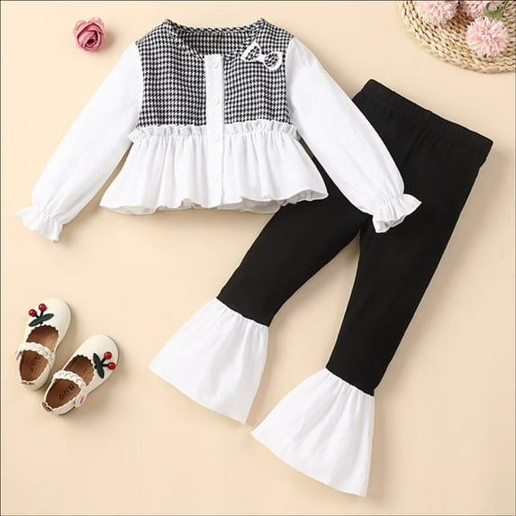 YEEDISON Children's Girls' Set Spring Autumn Long Sleeve Cartoon Thousand Bird Pattern Casual Set Two Piece Set for 18M-6Y