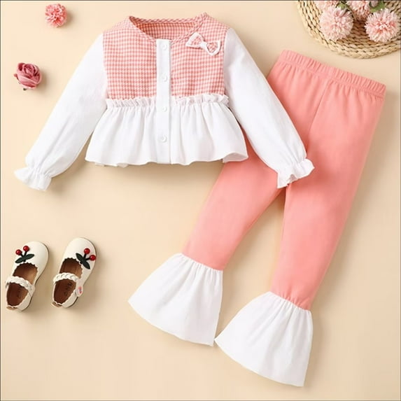 YEEDISON Children's Girls' Set Spring Autumn Long Sleeve Cartoon Thousand Bird Pattern Casual Set Two Piece Set for 18M-6Y