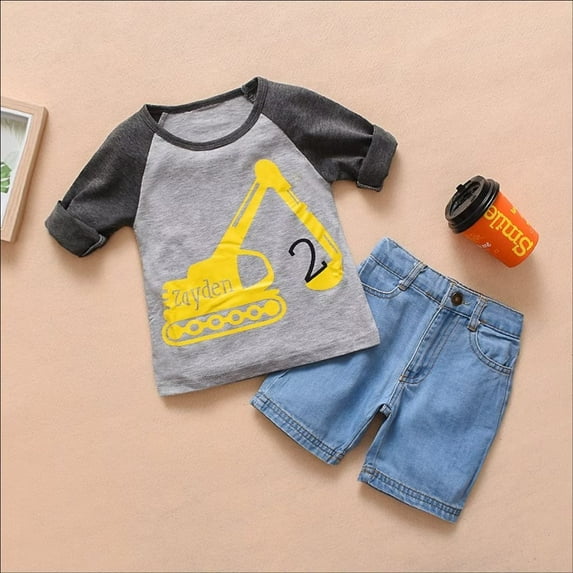 YEEDISON Children's Set Boys' Set Summer Casual Short Sleeve T-shirt Cartoon Excavator Denim Set for 9M-4Y
