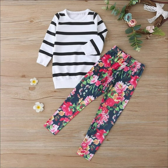 YEEDISON Children's Set Girls' Set Autumn Winter Casual White Stripe Long Sleeve Top Printed Pants Set for 12M-5Y
