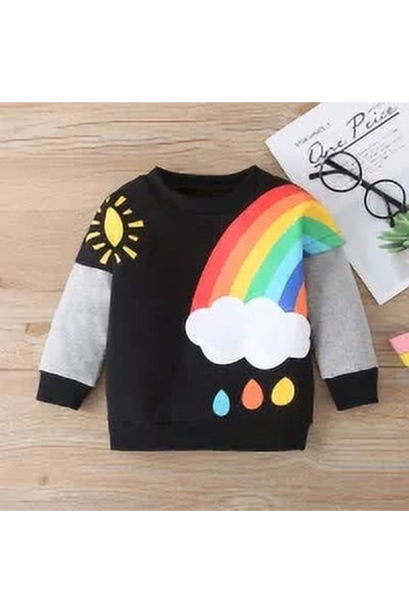 Cotton New Baby Girl Clothes Rainbow Clouds Sun Print Patchwork Long Sleeve Sweater Tops Fall Winter Kids Baby Boy Clothes 1-6Y