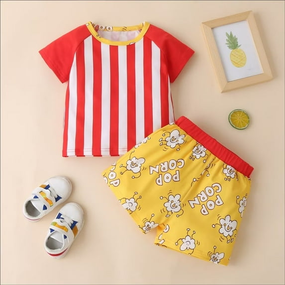 YEEDISON Fashion Clothes Baby Boy Clothes Set Summer 2 Pcs Sets Cool Striped Short Sleeve T-shirt Tops+Popcorn Letter Short Pants 3-18M