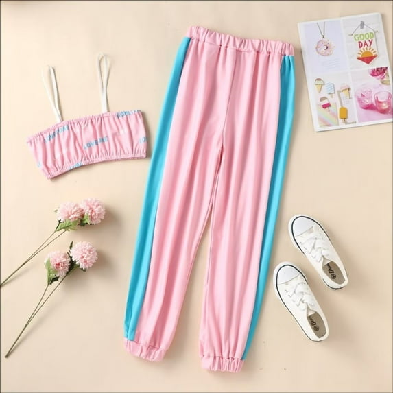 YEEDISON Fashion Kids Clothing for Girls Cotton Comfortable 2 Pcs Sets Letter Strap Tops+long Pants Sport Girls Outfits Kids Clothes for 4-9Y