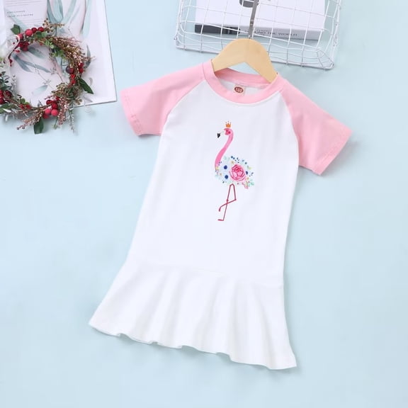 YEEDISON Kids Clothes Cartoon Animal Flamingo Pattern Short Sleeve Girls Dresses Casual Kids Dresses for Girls Summer 0-6Y