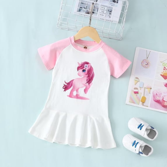 YEEDISON Kids Clothes Cartoon Animal Horse Pattern Short Sleeve Girls Dresses Casual Kids Dresses for Girls Summer 0-6Y