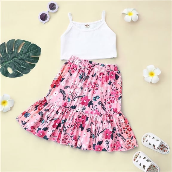 YEEDISON Kids Clothes Sets 2 Pcs Summer Solid Short Vest floral Print Skirts Boho Beach Cool Children Clothes Set for 4-9Y