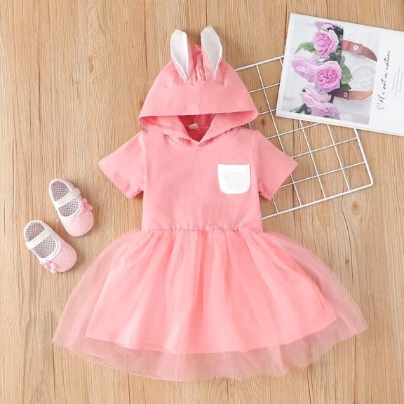 YEEDISON Kids Dresses for Girls Toddler Girl Dress Cute Rabbit Ear Solid Patchwork Short Sleeve Princess Dress Baby Girl Clothes1-6Y