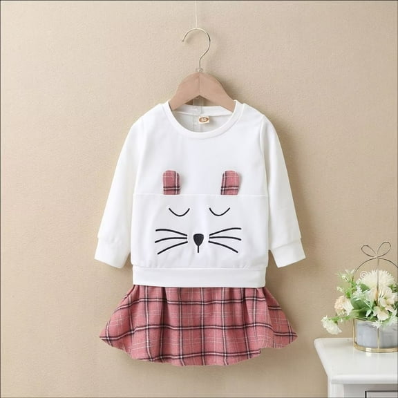YEEDISON Kids Girl Clothes Outfits Baby Girl Clothes 2 pcs Set Cotton Cute Cartoon Animal Mouse Long Sleeve Sweater Tops+plaid Skirt for 0-18M