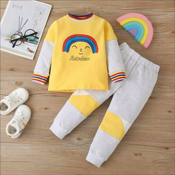 YEEDISON New Fashion Clothes Kids Clothes 2 Pcs Set Cotton Rainbow Patchwork Long Sleeve Tops+trousers Sport Casual Baby Boy Clothes for 18M-6Y