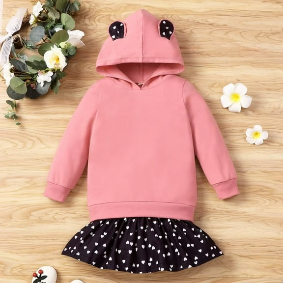 YEEDISON New Girls Dress Spring Fall Children's Long Sleeve Hooded Fake Two-Piece Bear Ear Heart Kids Dresses for Girls Clothes for 18M-6Y