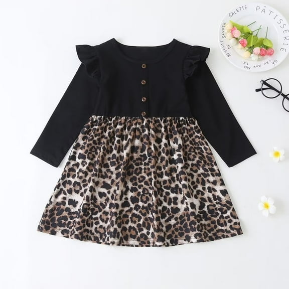 YEEDISON New Kids Dresses for Girl Sweet Cotton Flying Leopard Long Sleeve Button Print Dress Baby Girl Clothes 2-6Y