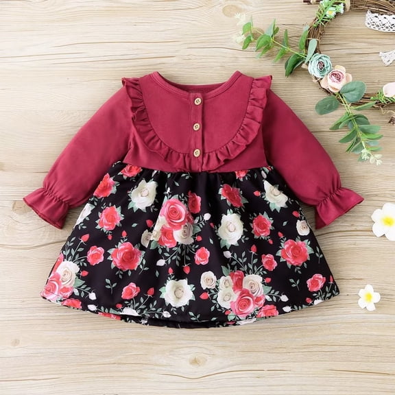 YEEDISON Rose Flower Dresses for Baby Girls Ruffles Long Baby Dresses Spring Fall A-line Toddler Girl Dress Cute Baby Clothes 0-3Y