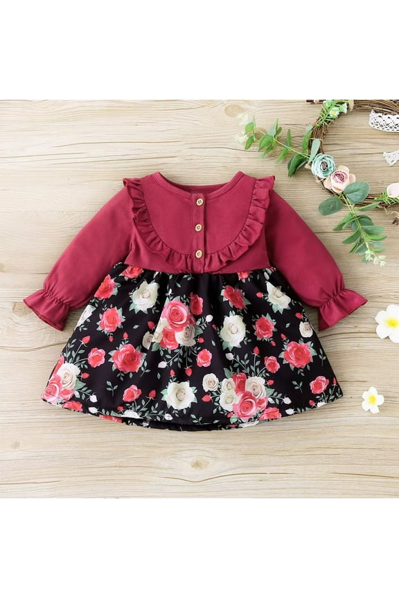 Rose Flower Dresses for Baby Girls Ruffles Long Baby Dresses Spring Fall A-line Toddler Girl Dress Cute Baby Clothes 0-3Y