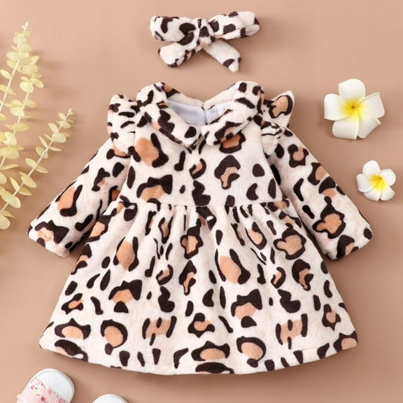 YEEDISON Spring Autumn Clothes Newborn Dresses Leopard Print Long Sleeve Doll Collar Baby Dress headband 2 Pcs Princess Dress for 3M-12M