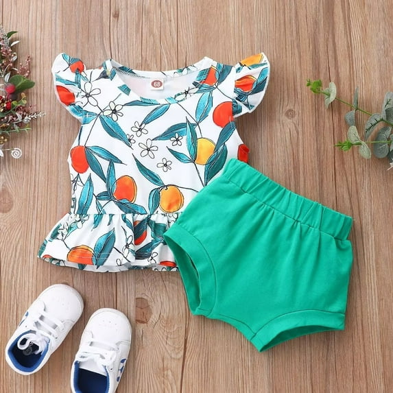 YEEDISON Summer 2pcs Sets Baby Girl Clothes Set Flower Print Ruffles Flying Sleeve Tops+pink Briefs Breathable Baby Girl Outfit for 0-18M