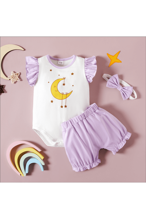 Summer Baby Girl Clothes Set Cotton Cartoon Moon Star Flying Sleeve Tops+short Pants+headband 3 Pcs Sets Infant Clothes for 3-18M