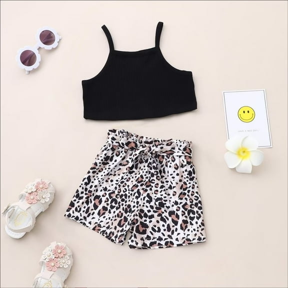 YEEDISON Summer Girls Clothing Set Fashion Clothes 2 Pcs Sets Solid Strap Tops leopard Print Short Pants Kids Clothes Baby Clothes for 12M-5Y