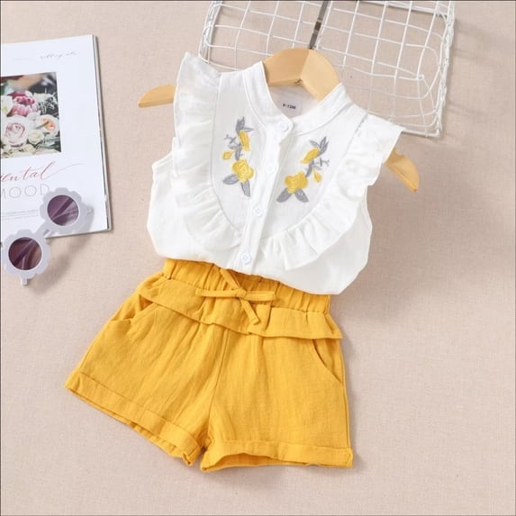 YEEDISON Summer Girls Outfits Embroidered Flower Ruffles Single Breasted Sleeveless Tops+short Pants Girls Clothing Set Baby Clothes for 18M-3Y