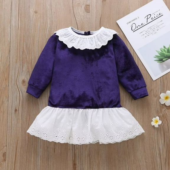 YEEDISON Toddler Dresses Spring Fall Dress for Girls Patchwork Lace Turn-down Collar Long Sleeve Girls Dress Fashion Baby Clothes 0-5Y