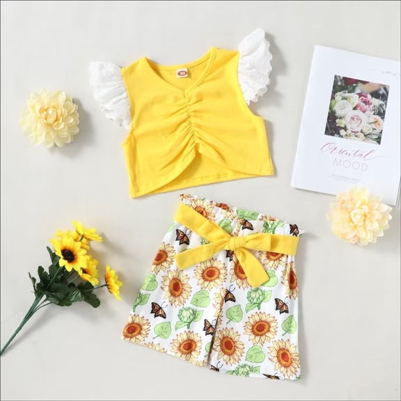 YEEDISON Toddler Girl Clothes Summer Girls Clothing Sets Lace Flying Sleeve V-neck Tops+sunflower Short Pants 2PCS Kids Clothes for 18M-5Y