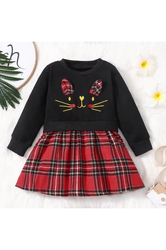 Winterl Patchwork Fake Two Kids Dresses for Girls Clothes Plaid Cute Cat Embroidery Girls Dress Kids Clothes 1-6YY