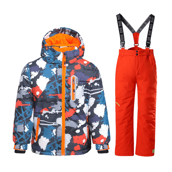 YEEFINE Boy's Snow Jacket Pants Suits, Winter Hooded Insulated Ski Suit Windproof Waterproof Outdoor Orange US4