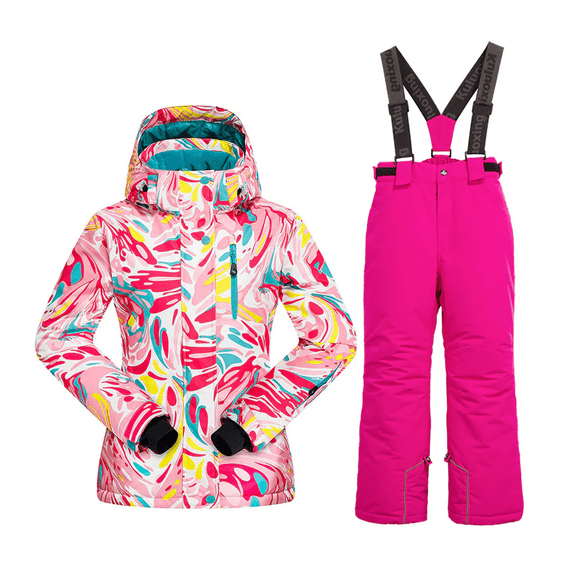 YEEFINE Girl's Winter Warm Ski Suit Set, Winter Thicken Hooded Insulated Suits Skiing Snowboarding Jacket Bib Pants Windproof Waterproof Rose Red US8