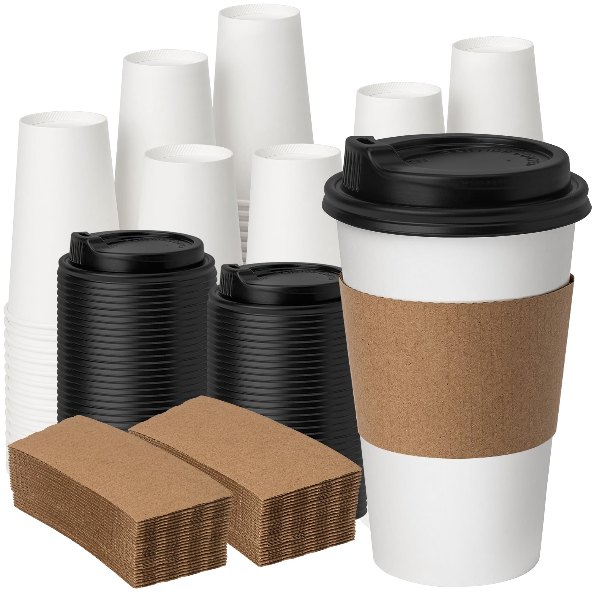 Promora 16 Oz Disposable Brown Coffee Cups With Lids & Sleeves - 100 Pack, Premium Paper Cups