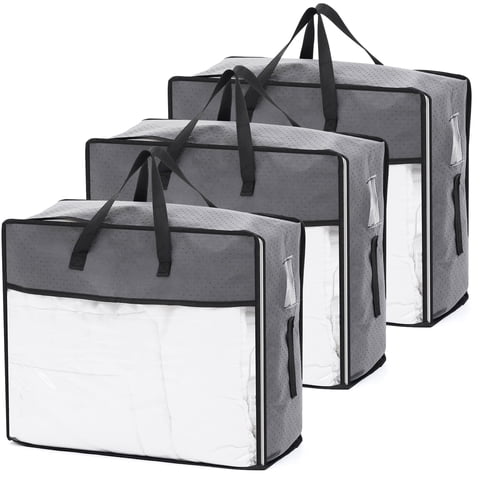 YEERSWAG 3 Pack 90L Large Clothes Storage Bags, Reinforced Handles & Clear Window, Moisture Proof Non-Woven Comforter Storage Organizer for Quilts, Blankets, Pillows, Seasonal Clothing