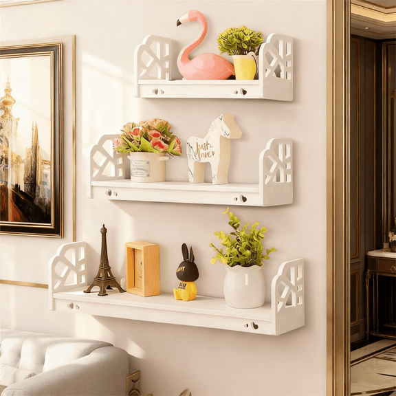 YEERSWAG 3 Pack Floating Wall Shelves, White Hollow-Carved Decorative Wall Mount Shelf Set, Waterproof PVC Foam Board Hanging Shelves for Bathroom, Bedroom, Living Room, Kitchen, 3 Sizes