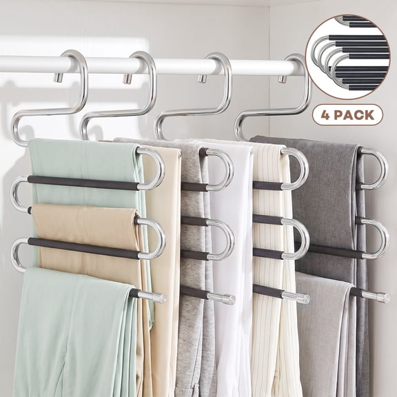 YEERSWAG® 4 Pack S Shape 5 Tier Pants Hangers Space Saving,Stainless Steel Non Slip Trouser Hangers, Multi Layer Closet Organizer Hanger for Jeans, Pants, Skirts, Scarves, Belts