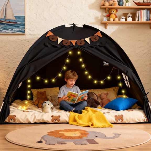 YEERSWAG Full Bed Tent with Star Lights & Flags, Breathable Portable Playhouse for Indoor Bedroom, Birthday Gift, Beige/Pink/Black