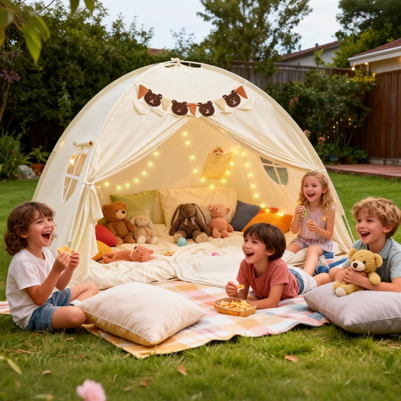 YEERSWAG Full Bed Tent with Star Lights & Flags, Breathable Portable Playhouse for Indoor Bedroom, Birthday Gift, Beige/Pink/Black