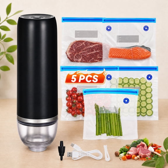 YEERSWAG® Portable Handheld Vacuum Sealer Machine,USB Rechargeable Mini Automatic Food Vacuum Pump with 5 Reusable Vacuum Bags,60Kpa Powerful Suction for Meat, Fruit,Vegetable and Snack Food Storage