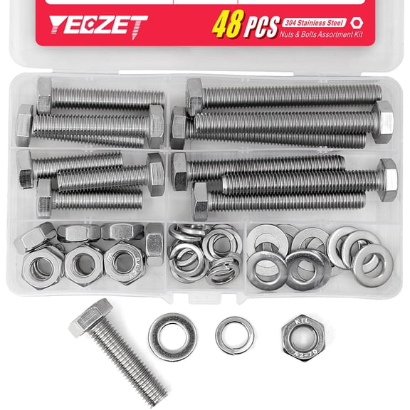 YEEZET 12 Set M10 Screw assortment kit 304 Stainless Steel Bolts and Nuts Flat & Lock Washers M10 Garage Bolts Fully Machine Thread Screw Set