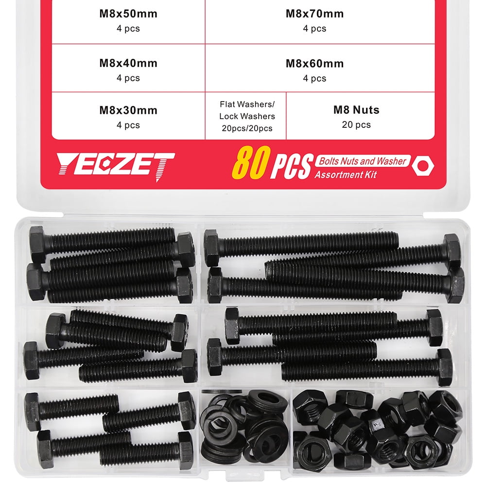 YEEZET 20 Set M8 Hex Head Screws Bolts and Nuts Flat  Lock Washers Assortment  Kit Alloy Steel Grade 8.8 m8 Bolt Nuts and Washers Kit