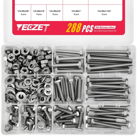 YEEZET 288PCS 1/4-20 Screws Assortment Kit 304 Stainless Steel Hardware Washers Lock Flat WashersHex Bolts and Nuts Washers for Garage Fully Machine Thread