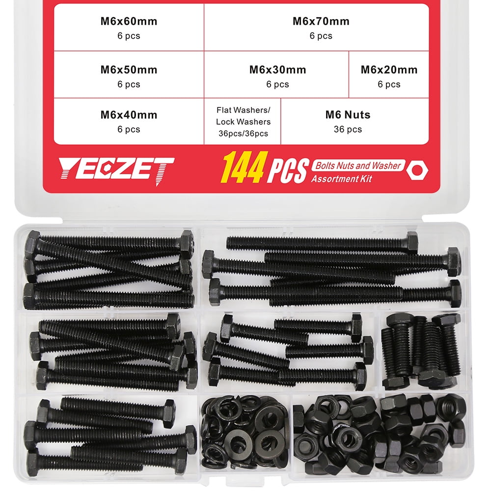 YEEZET 36 Set M6 Black Hex Head Screws Bolts and Nuts Flat  Lock Washers  Assortment Kit Alloy Steel Grade 8.8 Size Screws Sets