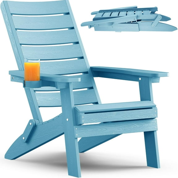 YEFU Folding Oversized Adirondack Chair: Heavy Duty Adirondack Chairs with Comfort Arc Backrest & Cup Holder - All Weather HIPS Plastic Fire Pit Chair for Outdoor Patio Lawn Garden Blue