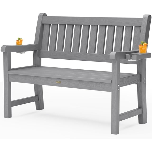 YEFU Outdoor for Patio Waterproof: Heavy Duty 2-Person Garden with 2 Cup Holders & Oversized Seating - HIPS Weatherproof Patio Benches for Front Porch Backyard Park, Grey