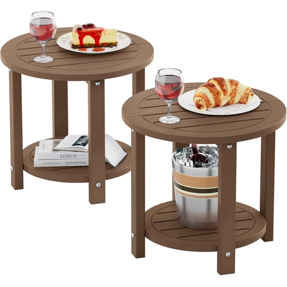 YEFU Outdoor Side Table for Patio: 16in HIPS Small Round Outdoor End Table - 2-Tier Adirondack Tables for Porch Patio Yard Poolside Living Room Beach Bedroom (Teak, 2 Pack)