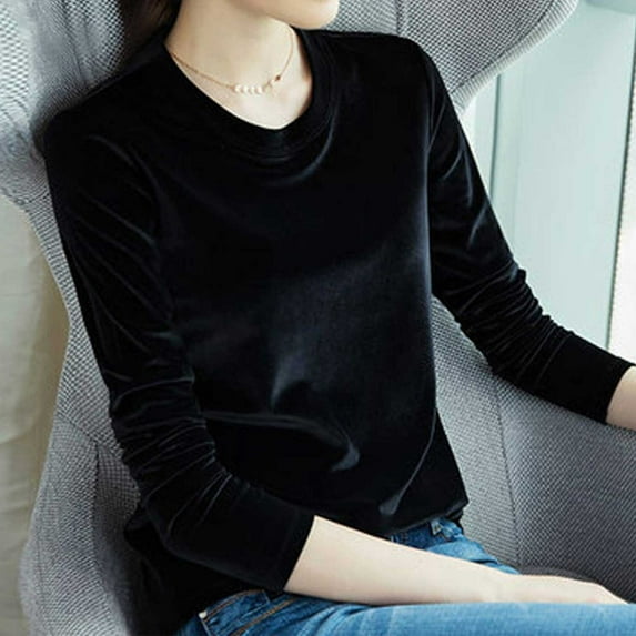YEJIMAN Black Cute T Shirts, Polyester,Spandex White Button Down Shirt Women, Velvet Tops for Women Long Sleeve Round Neck Shirt Blouse Pullove Solid Casual Tee Shirt Trendy Velvet Tops