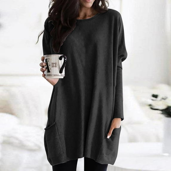 YEJIMAN Black Patriotic Shirts For Women, Women's Round Neck Long Sleeve Tops Plus Size Shirts Lightweight Sweatshirts Loose Casual Tunic with Pockets Blouses